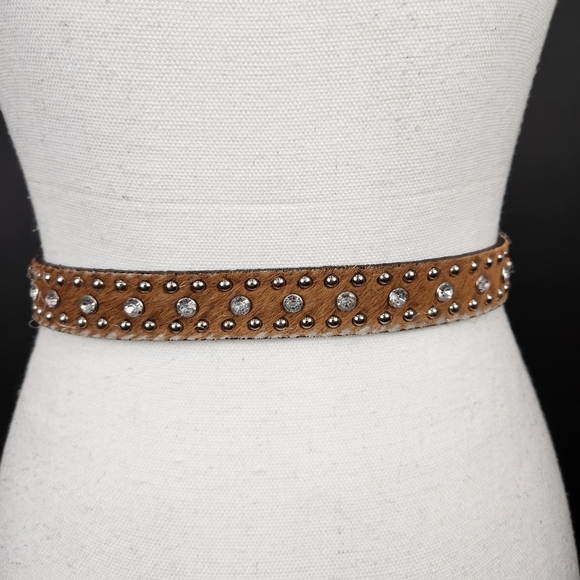 Leather Belt With Cow Hair, Rhinestones & Studs Size 26 - Picture 6 of 8